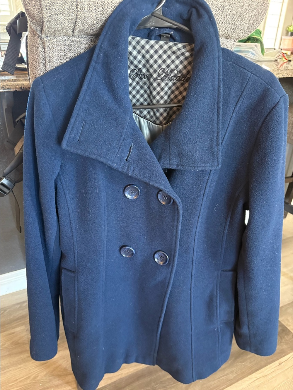 Steve Madden Women’s Blue Short Pea Coat Button Lined Long Sleeve Regular Fit L